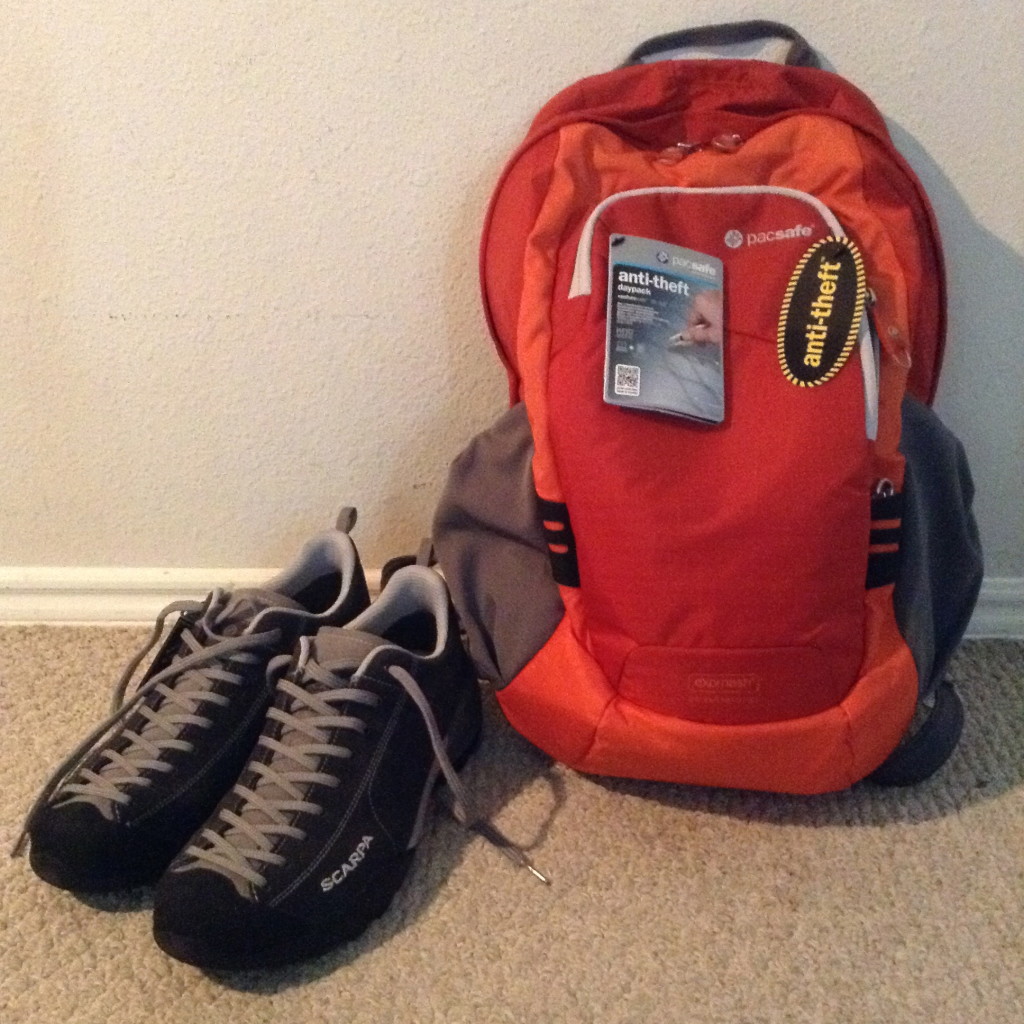 Day pack & hiking shoes for a trip around the world.